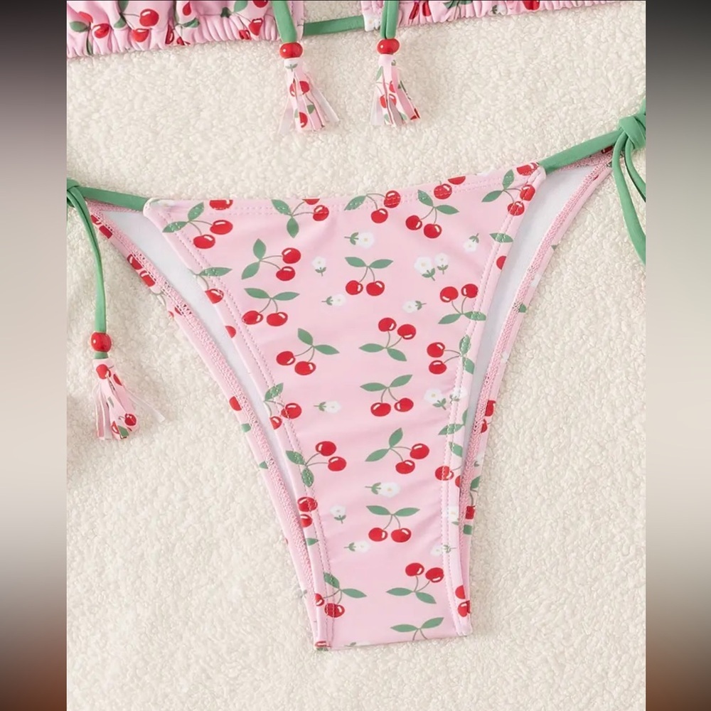 Pink Cherry Print Tassel Accents Cheeky Bikini Set - Picture 3 of 6